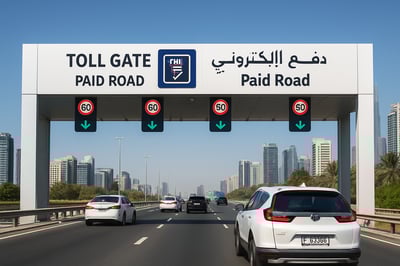 Dubai Paid Roads UAE – Modern toll gate with clear signage and vehicles passing smoothly Dubai Paid Roads UAE – Modern toll gate with clear signage and vehicles passing smoothly