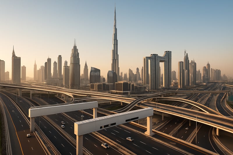 Dubai skyline with modern roads and toll gates Dubai skyline with modern roads and toll gates