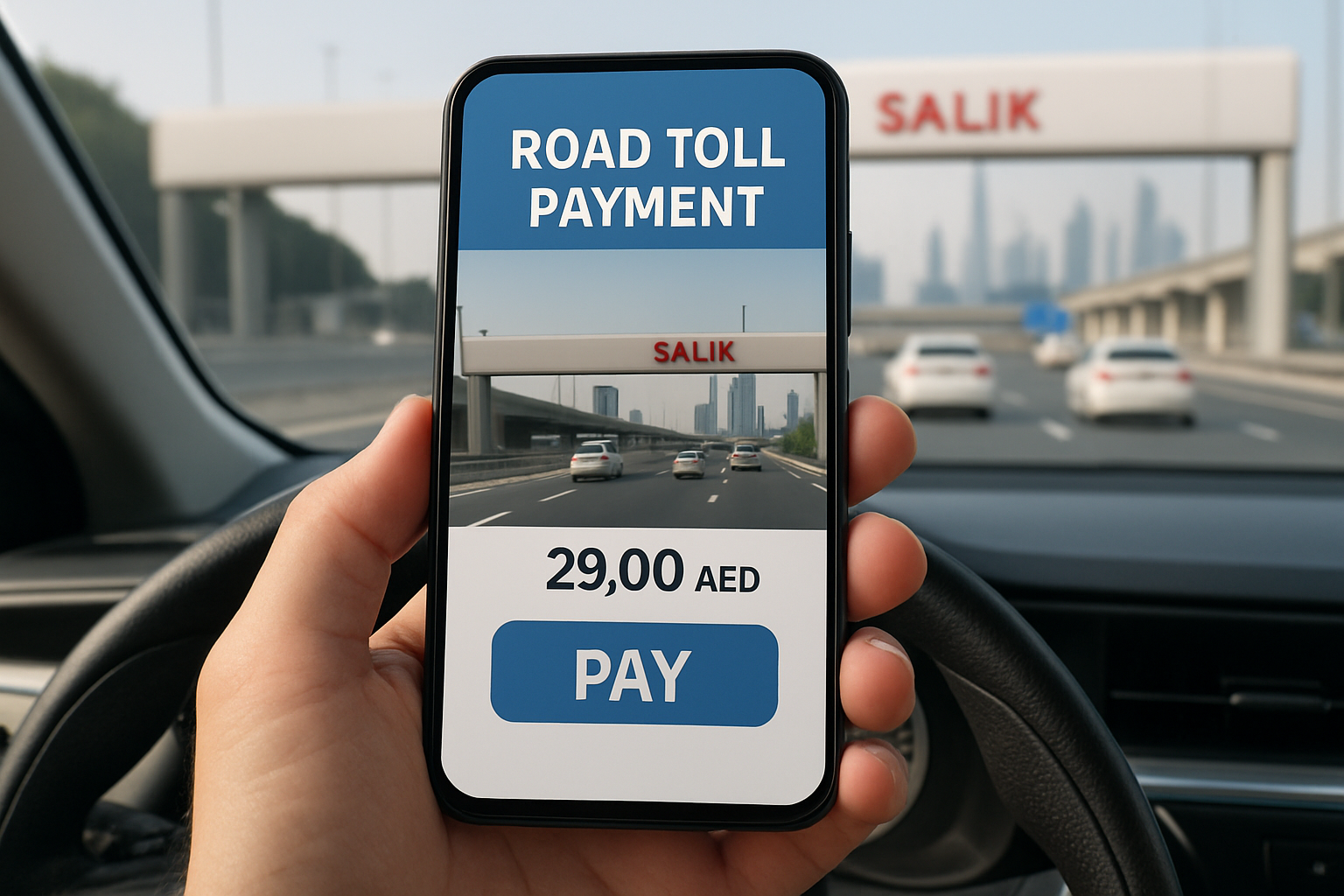 Customer using mobile app to pay road tolls in Dubai